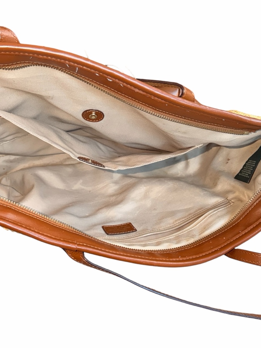 Lauren Ralph Lauren Straw Woven Tote Bag Brown Leather Trim Gold RL Logo Preowne - Picture 6 of 11